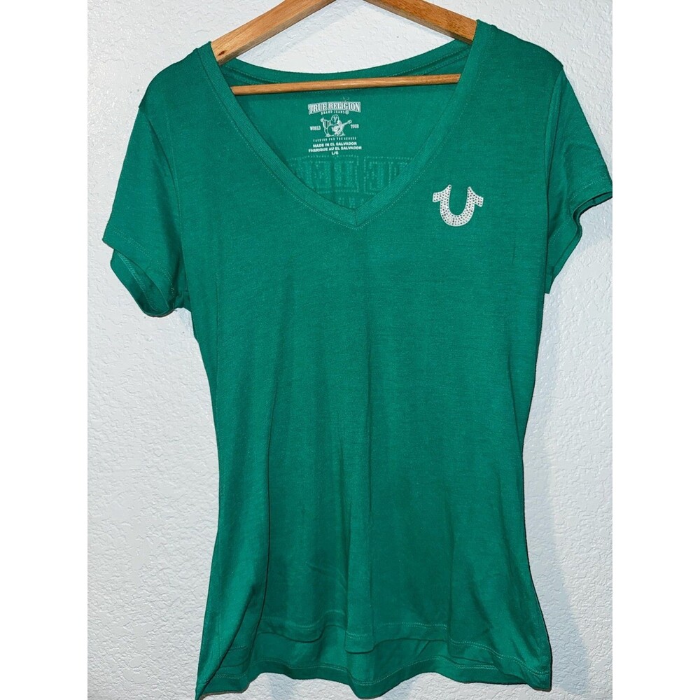 True Religion Womens L Green V Neck T Shirt World Tour Buddha Horseshoe Graphic